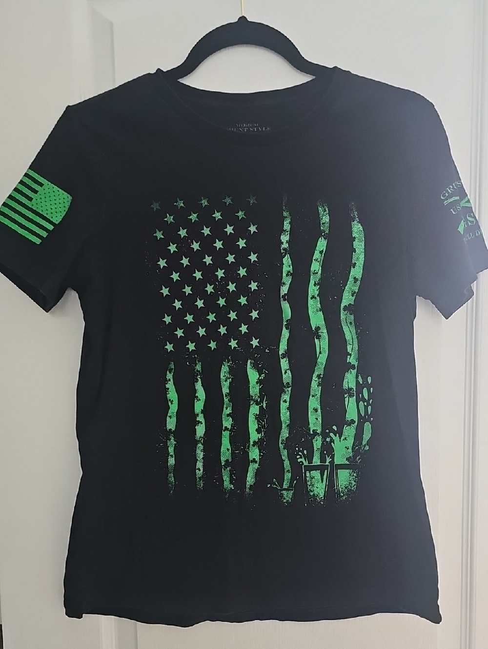 Grunt Style Black Short Sleeve Tee with Green American Flag Graphic